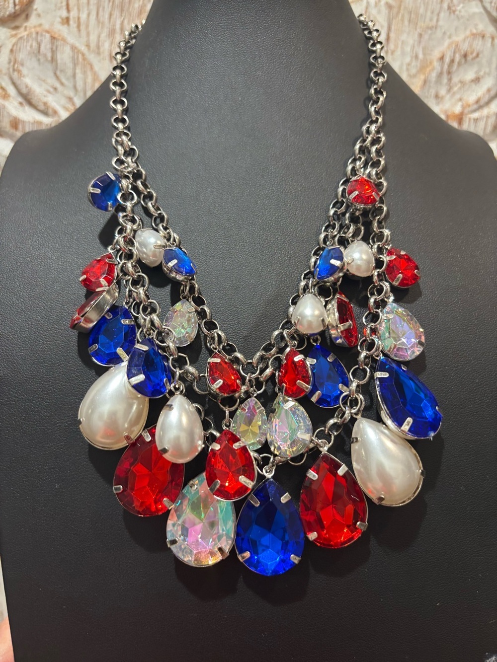 Statement Multi-Color Layered Teardrop Crystal Necklace NWOT